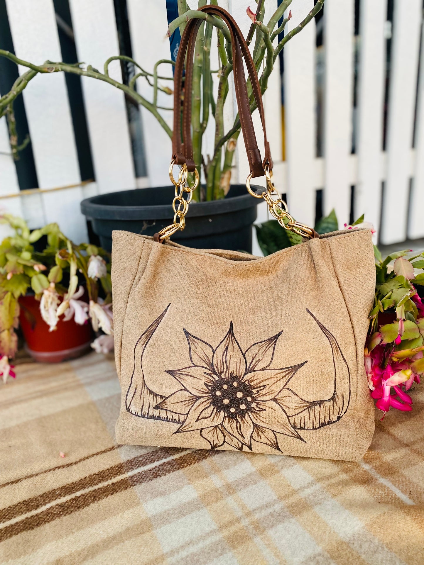 Cow Horns & Sunflowers Suede Handbag