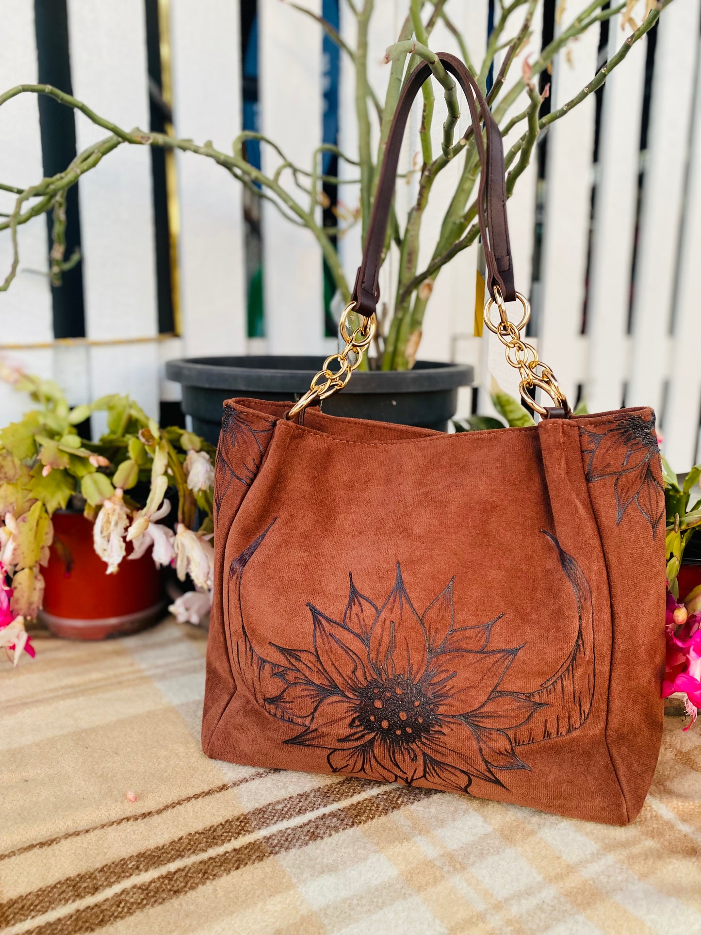 Cow Horns & Sunflowers Suede Handbag