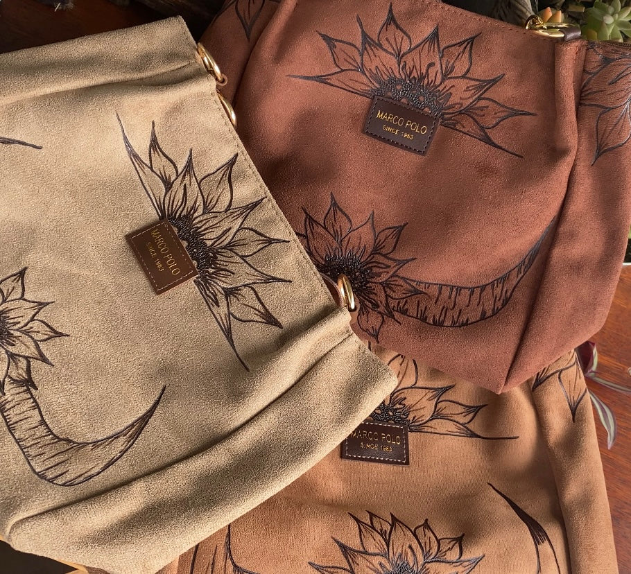 Cow Horns & Sunflowers Suede Handbag