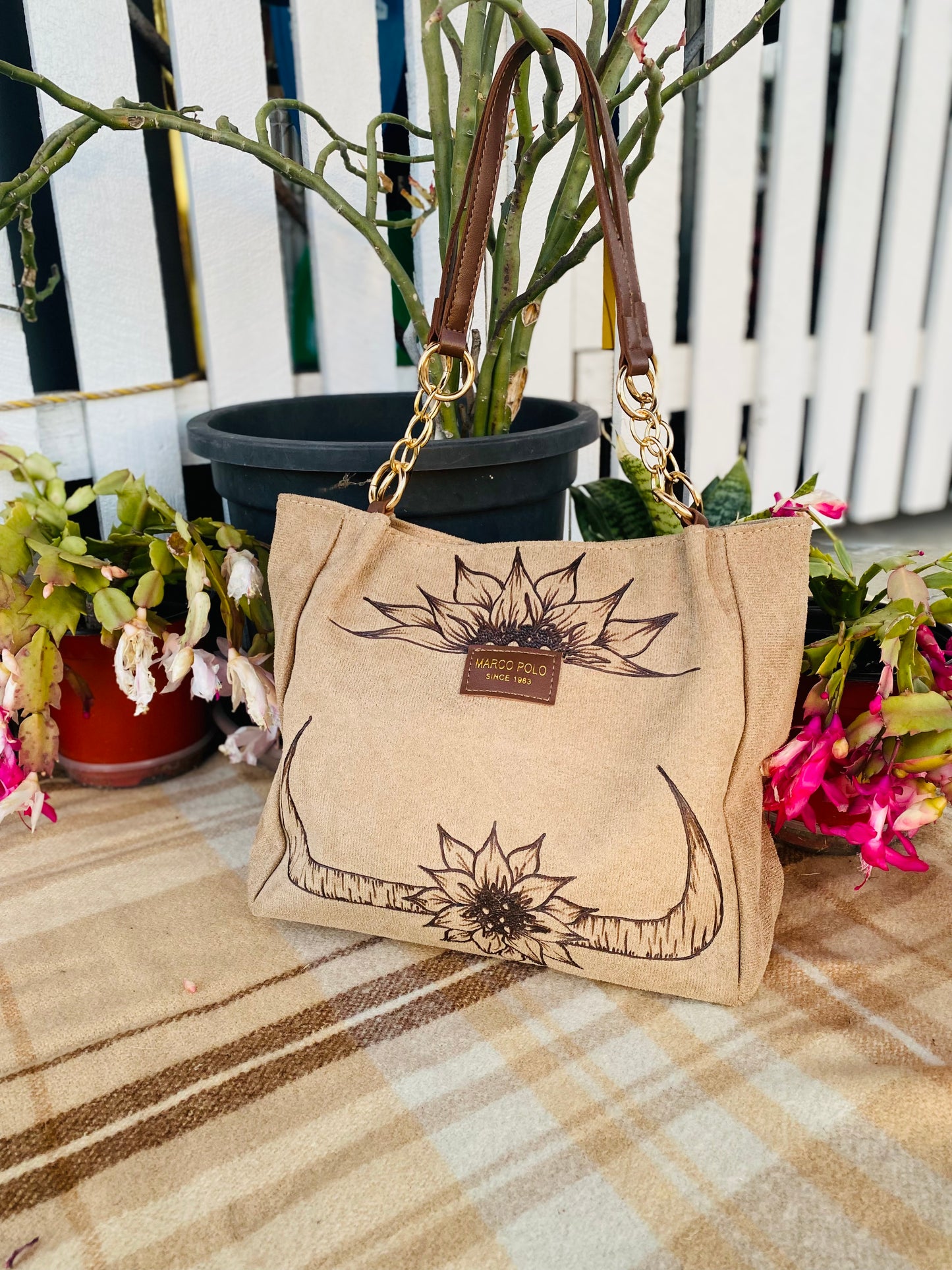 Cow Horns & Sunflowers Suede Handbag