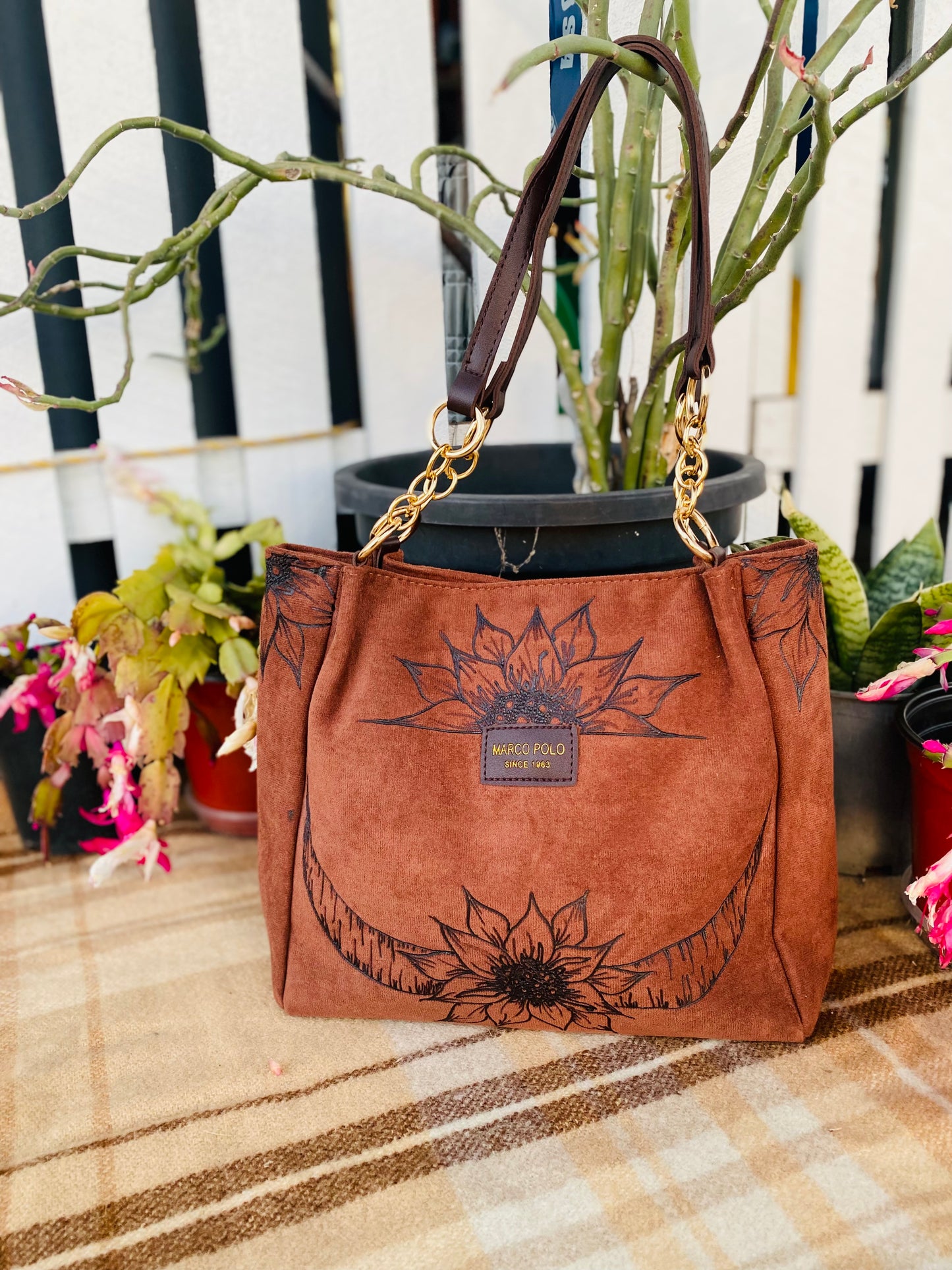 Cow Horns & Sunflowers Suede Handbag