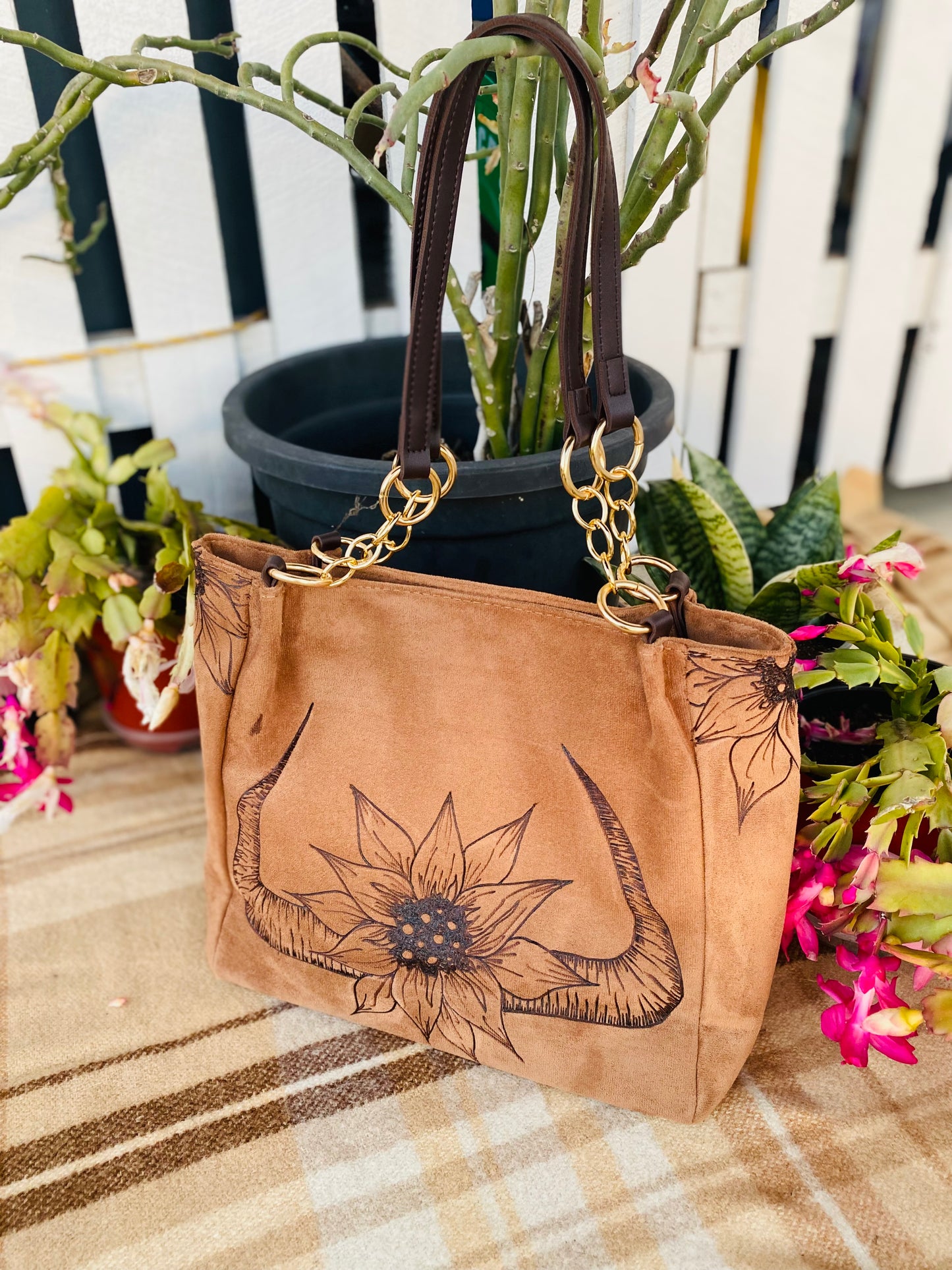 Cow Horns & Sunflowers Suede Handbag