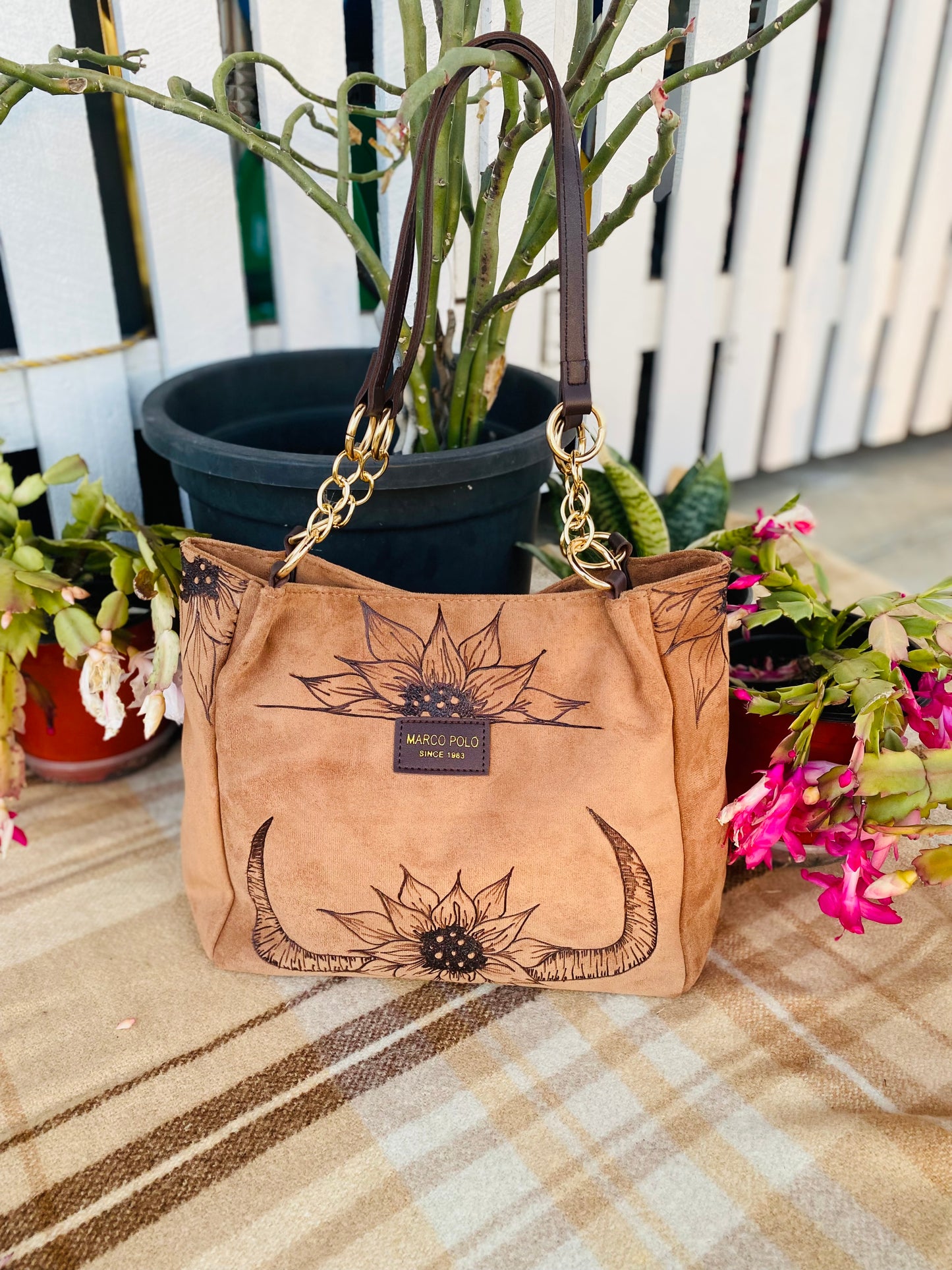 Cow Horns & Sunflowers Suede Handbag